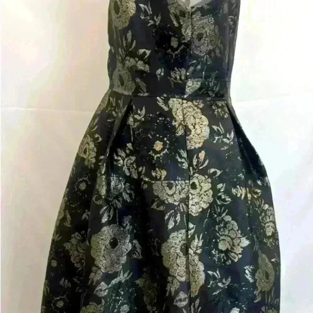Ann Taylor Factory Black Gold Foil Floral Sleeveless Dress Fit & Flare - Picture 3 of 16